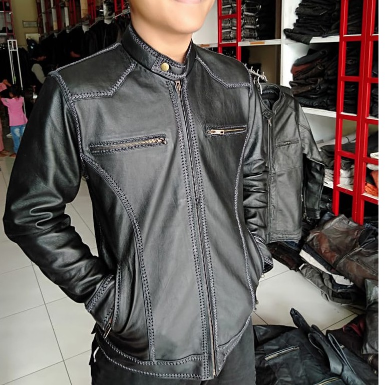 Jaket Kulit Pria Asli Domba Model Jahitan Sulam Elegant Brownie Ariel Noah