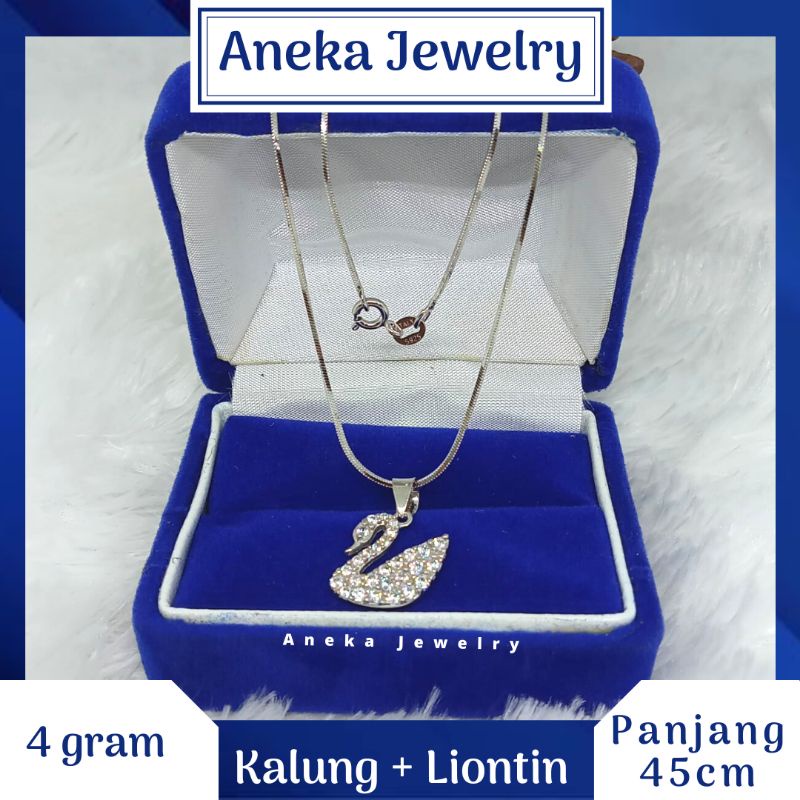 Kalung Cassandra + Liontin Angsa Mata2, Perak 925, Lapis Emas Putih