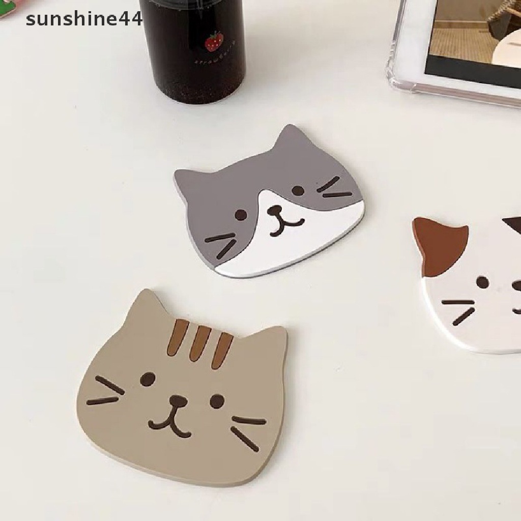 Sunshine Tatakan Gelas / Cangkir Teh / Kopi Bentuk Kucing Kartun Bahan Silikon Anti slip