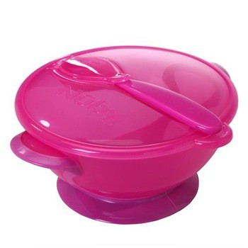 Nuby Garden Fresh Suction Bowl &amp; Spoonlid 6m+ Pink Merah Muda Mangkuk Makan AnaK