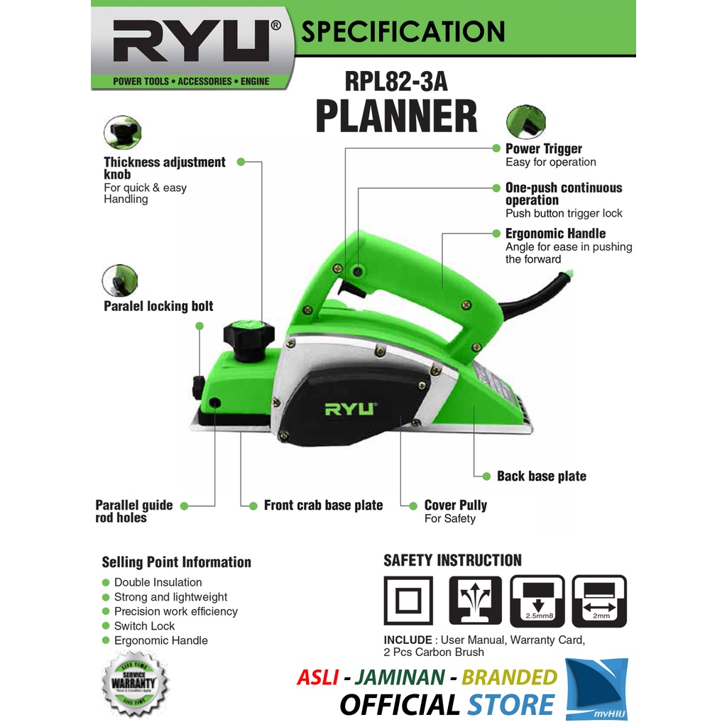 Mesin Serut Kayu 570 watt 82 mm UpTo 2,5 mm Depth Planner RPL82-3A RYU