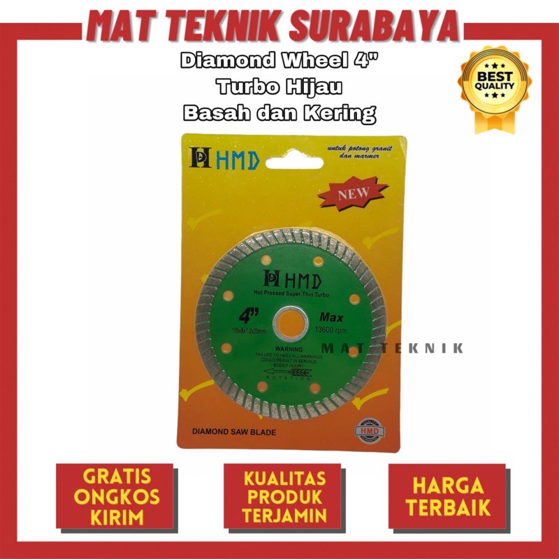 Diamond Wheel 4" Turbo Hijau HMD / Mata Pisau Potong Keramik Kering Basah / Saw Blade