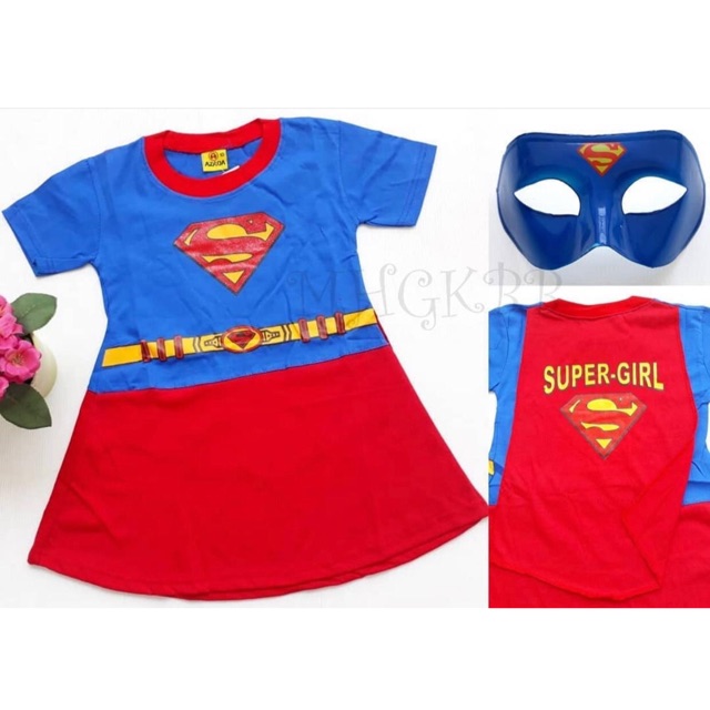 Ready Supergirl set costume + mask, kostum supergirl anak + topeng