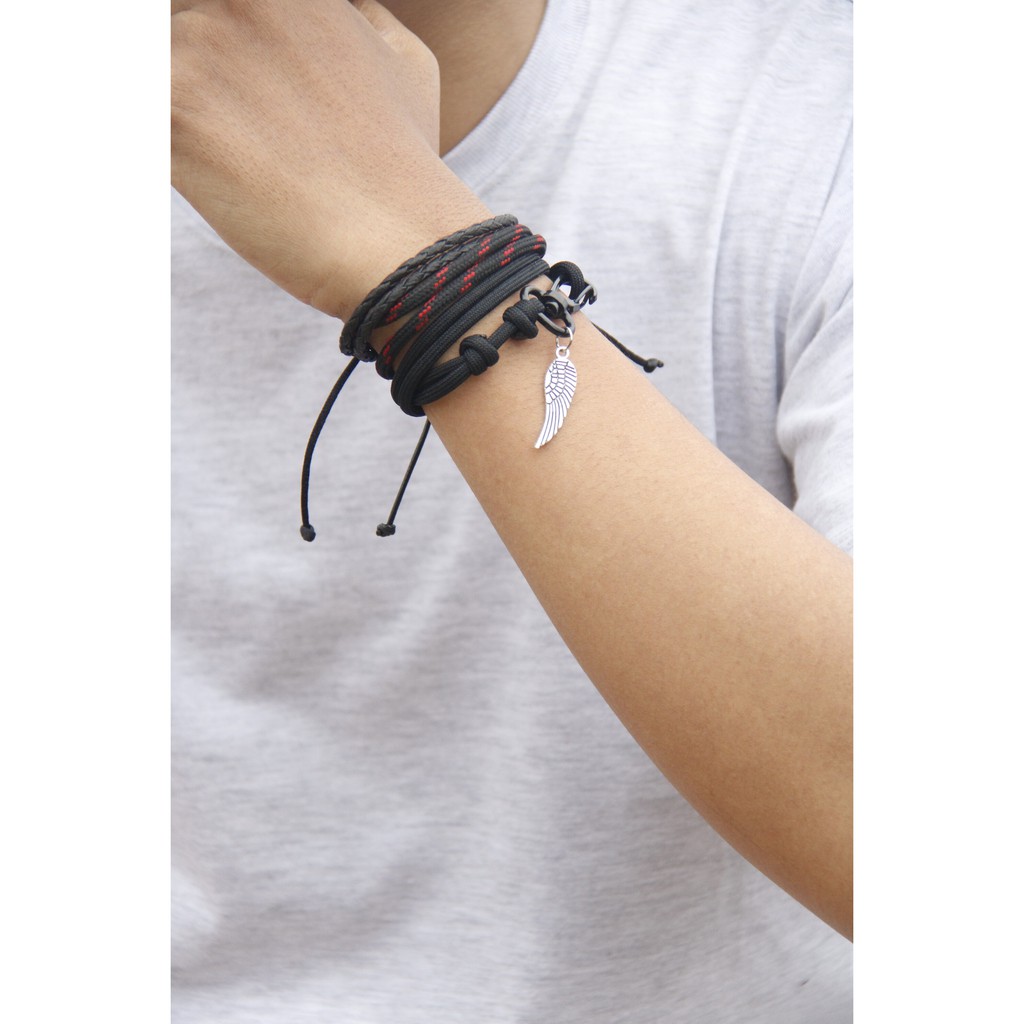 Gelang Tali Kulit Set Paket Pria Paracord Warna Hitam Merah