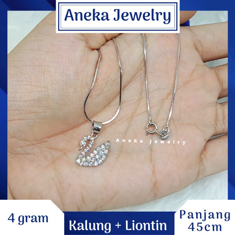 Kalung Cassandra + Liontin Angsa Mata2, Perak 925, Lapis Emas Putih