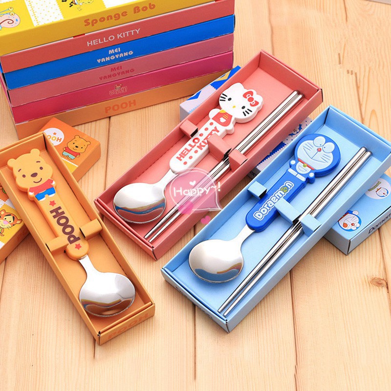 Set Peralatan  Makan Sendok Garpu Sumpit Desain Hello Kitty 