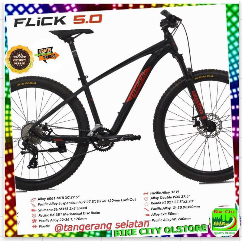 sepeda mtb 27.5 pacific flick 5.0 2x8sp AL.DIsc GRATIS ONGKIR JABODETABEK Dikirim StelJadi.