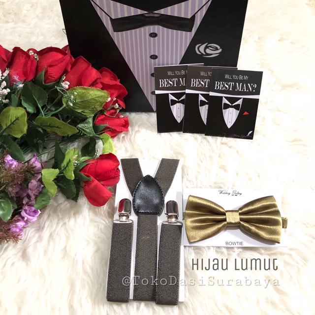 Paket hemat Suspender bretel tali jojon dan dasi kupu bowtie dasi pita hijau lumut ready stok
