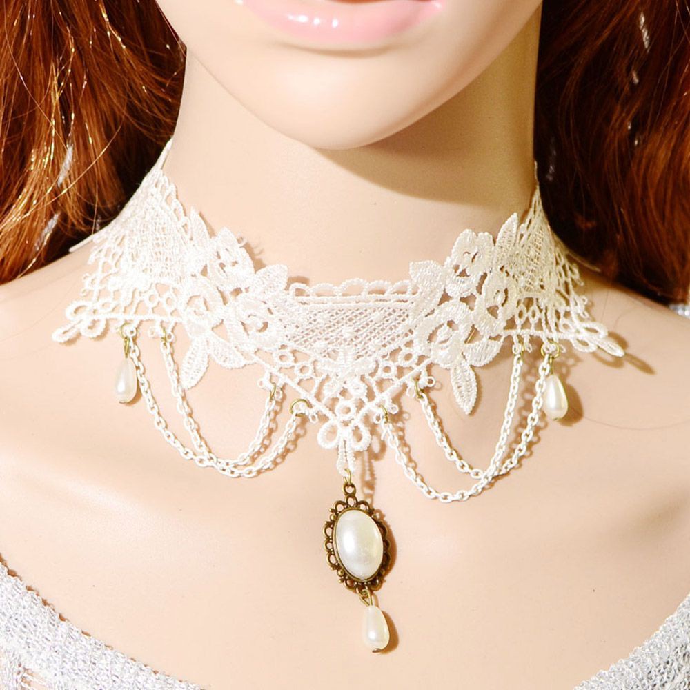 Kalung Gothik Etnik Putih Gaun Pernikahan Kain Renda Lace Necklace Gothic Flower Punk Rock