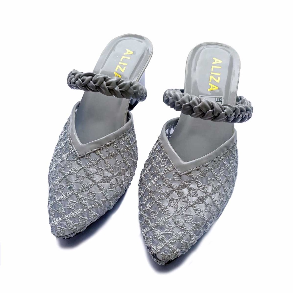 ALIZA SANDAL HEELS WANITA CHUNKY 5 CM JALA RAJUT TERBARU-ABU
