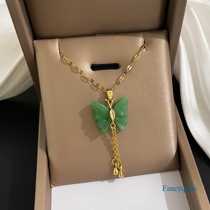 Fancyqube Kalung Emas 18k Dengan Liontin Kupu-Kupu Giok Untuk Wanita