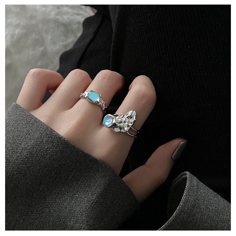 Cincin Jari Telunjuk Model Terbuka Desain Geometri Asimetris Aksen Moonstone Gaya hip hop Untuk Wanita