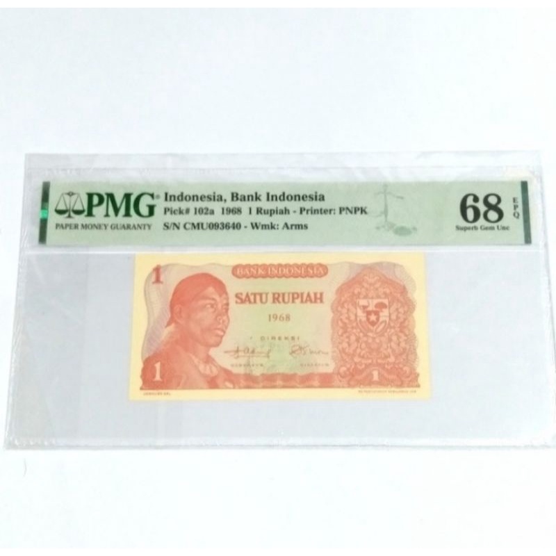Uang Kertas Kuno 1 Rupiah 1968 Sudirman Sertivikasi PMG 68 EPQ