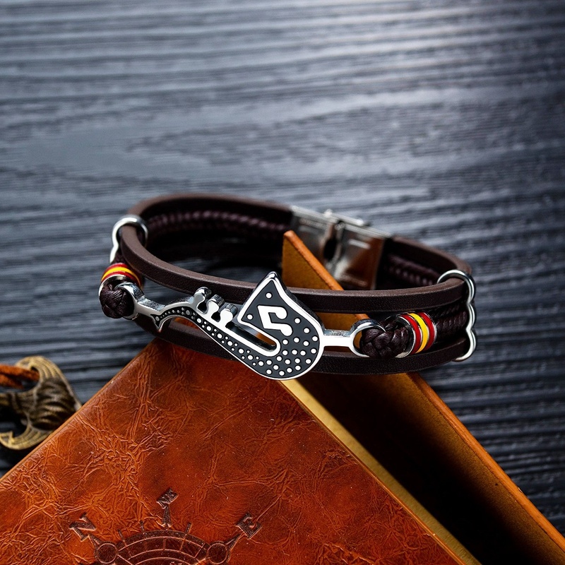 [Z H Perhiasan] Hip Hop Rock Retro Pria Fashion Stainless Steel Simbol Musik Gelang Kulit Pesta Perhiasan Aksesoris