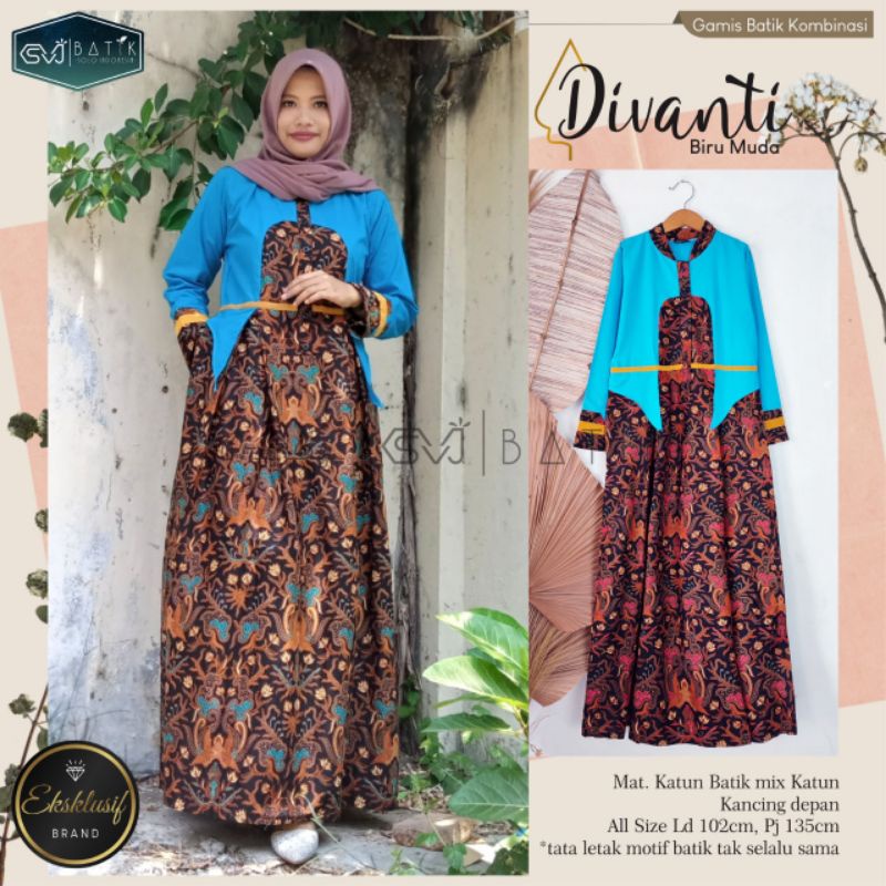 BATIK WANITA GAMIS KOMBINASI POLOS MOTIF KEKINIAN MODERN MUSLIMAH DEWASA HARGA TERMURAH AYUNDA