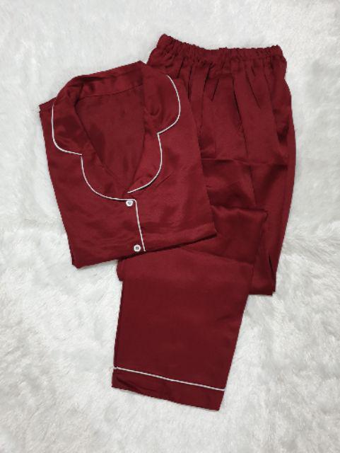 Baju Tidur Piyama Pajamas Wanita/Cewek Satin Silky Velvet Cantik Simple Wanita Dewasa Full Kancing-CP JUMBO MAROON