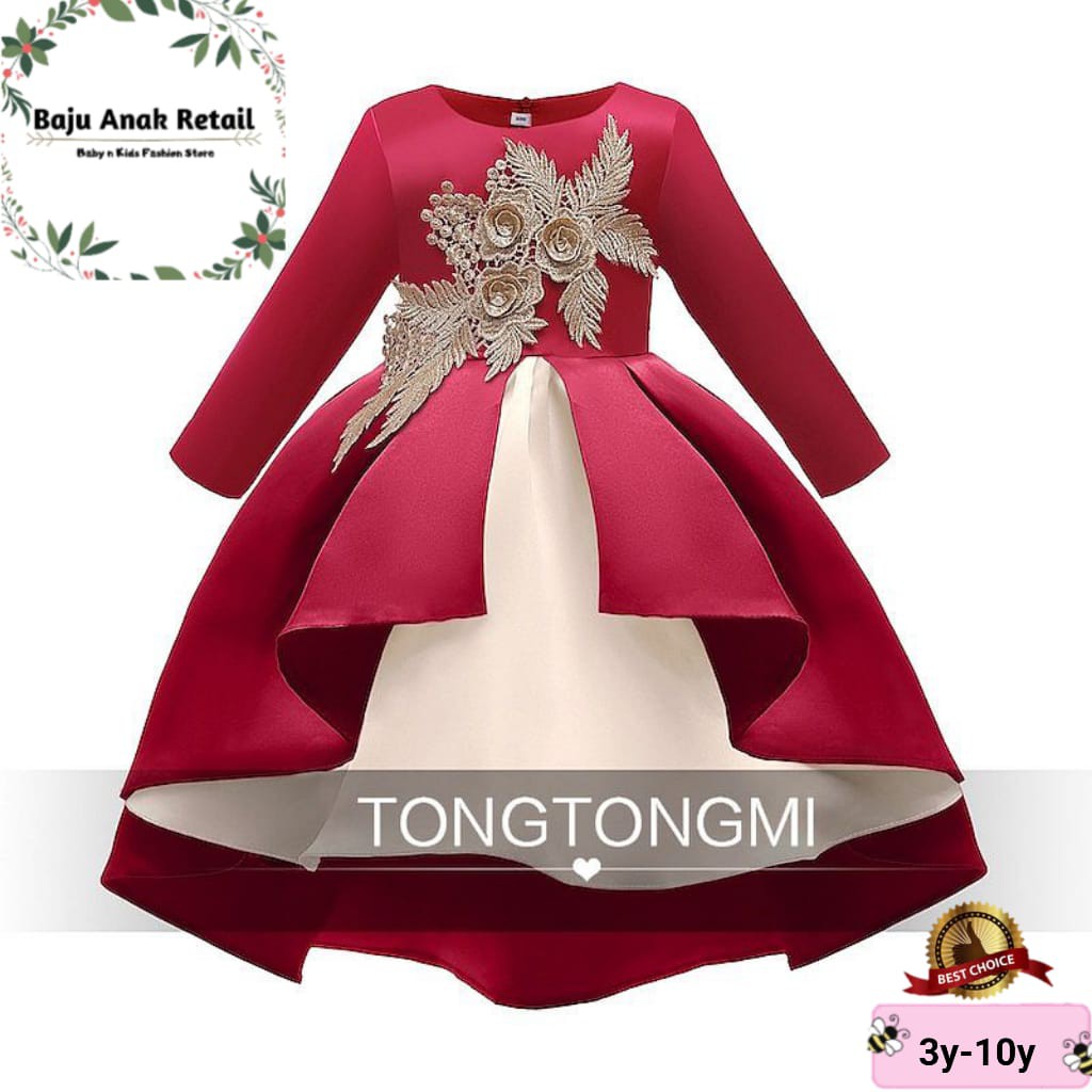 Dress Pesta Anak Impor Tong Tong Mi Lengan Panjang Gaun Merah Model Ekor Panjang