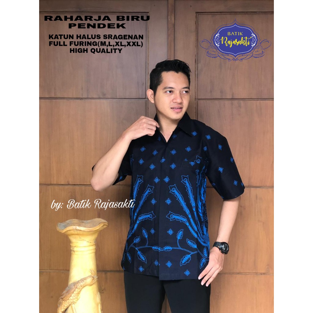 RAHARJA BIRU PENDEK Atasan Baju Kemeja Batik Pria Lengan Pendek PREMIUM LAPIS FURING RAJASAKTI