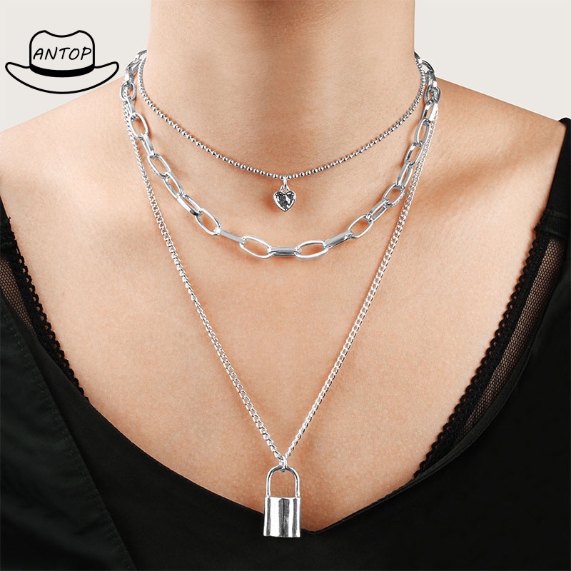 Korea Selatan Kalung Multilayer Retro Jantung Bentuk Kunci Liontin Kalung Emas Rantai Sweater Kalung Gembok Aksesoris Wanita Kalung ANTOP