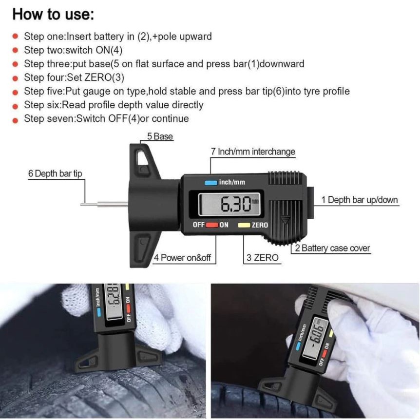 AM-29 Alat Ukur Kedalaman Ban Digital LED Tire Tread Depth Gauge Meter