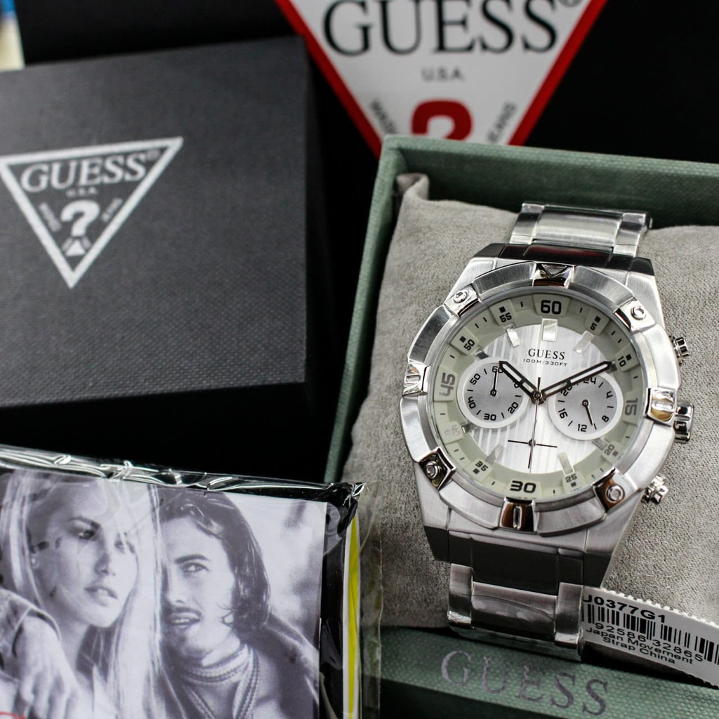 d=44mm, jam tamgan pria Guess W0377G1 Original , all stainless steel, chronograph stopwatch