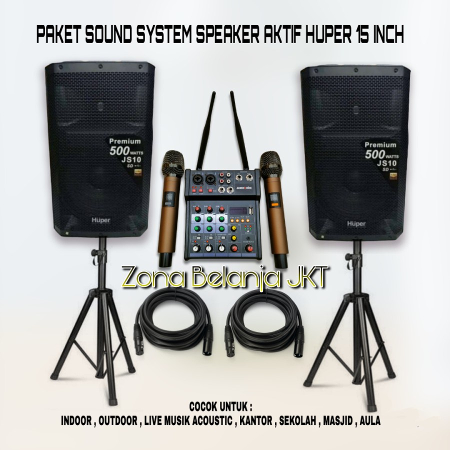 PAKET SOUND INDOOR OUTDOOR SPEAKER AKTIF HUPER 15 INCH JS10 MIXER AUDIO + MIC WIRELESS ORIGINAL ( HM-2 )