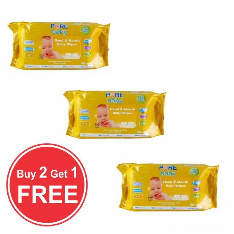 PURE BB HAND AND MOUTH BABY WIPES (buy 2 get 1) 60's per pack