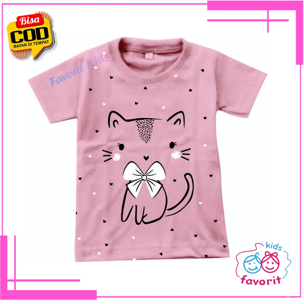 FAVORIT KIDS Kaos anak perempuan bahan katun gambar kucing pita Size 1tahun - 10tahun / Kaos anak cewek lengan pendek