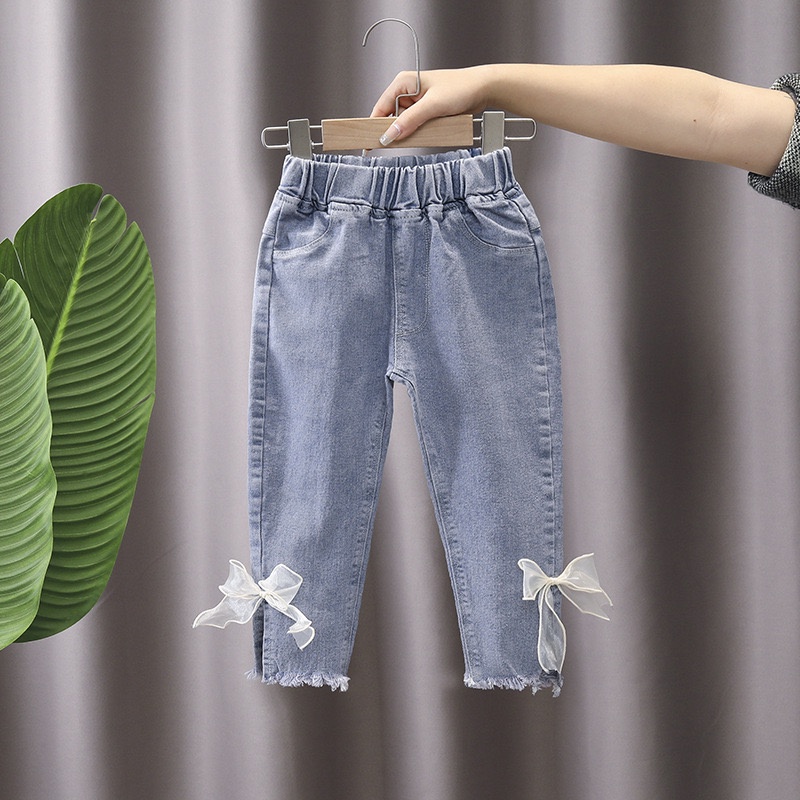 Celana Jeans Anak Perempuan Import  Premium Celana Panjang Anak Cewe Motif Renda Pita Mutiara