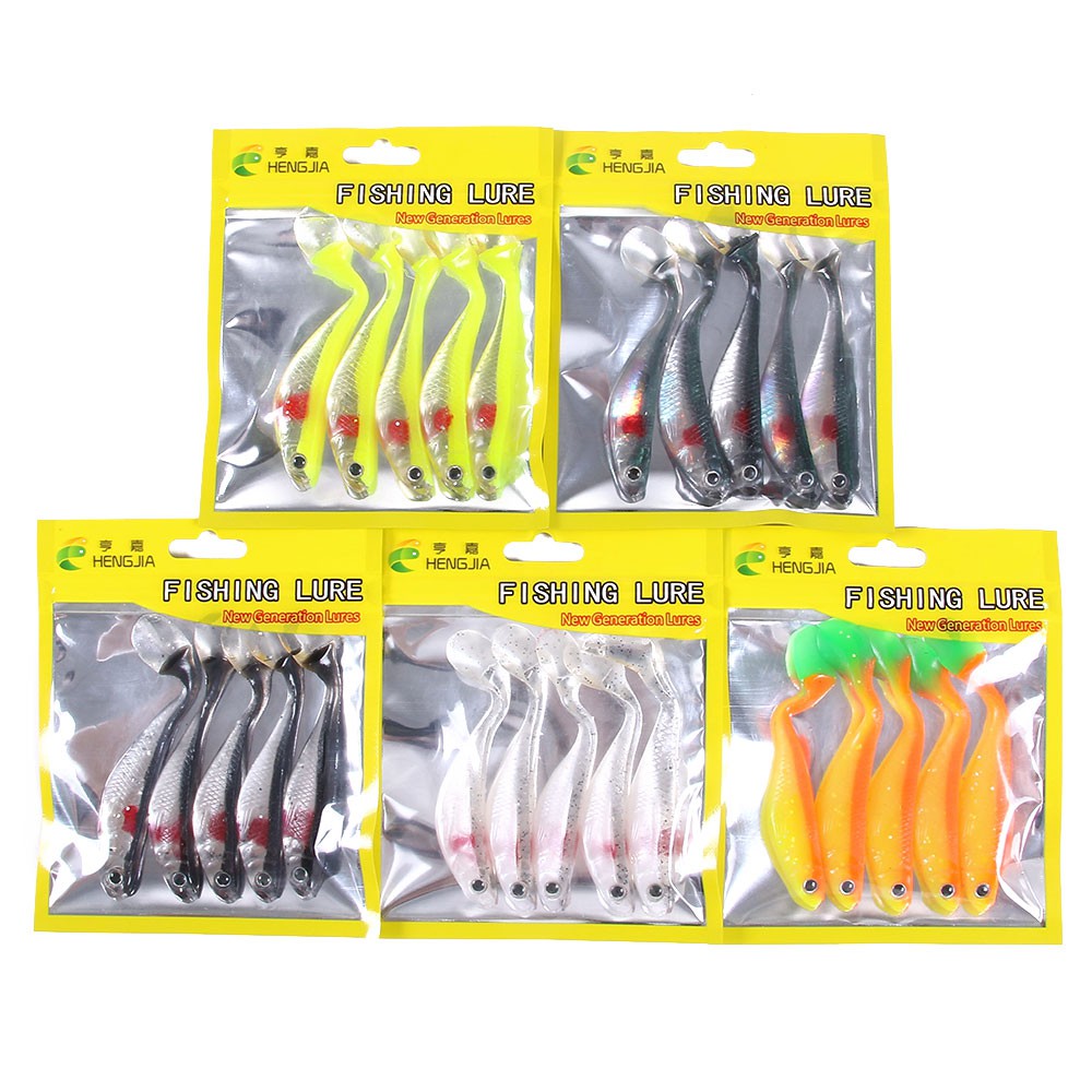 HENGJIA 5PCS/Bag Umpan Pancing Silicone bait 88mm/5g Fishing Shad Fishing Worm Swimbaits Jig Head Soft Lure Bahan Karet Silikon Lembut Ukuran Fly Fishing Bait