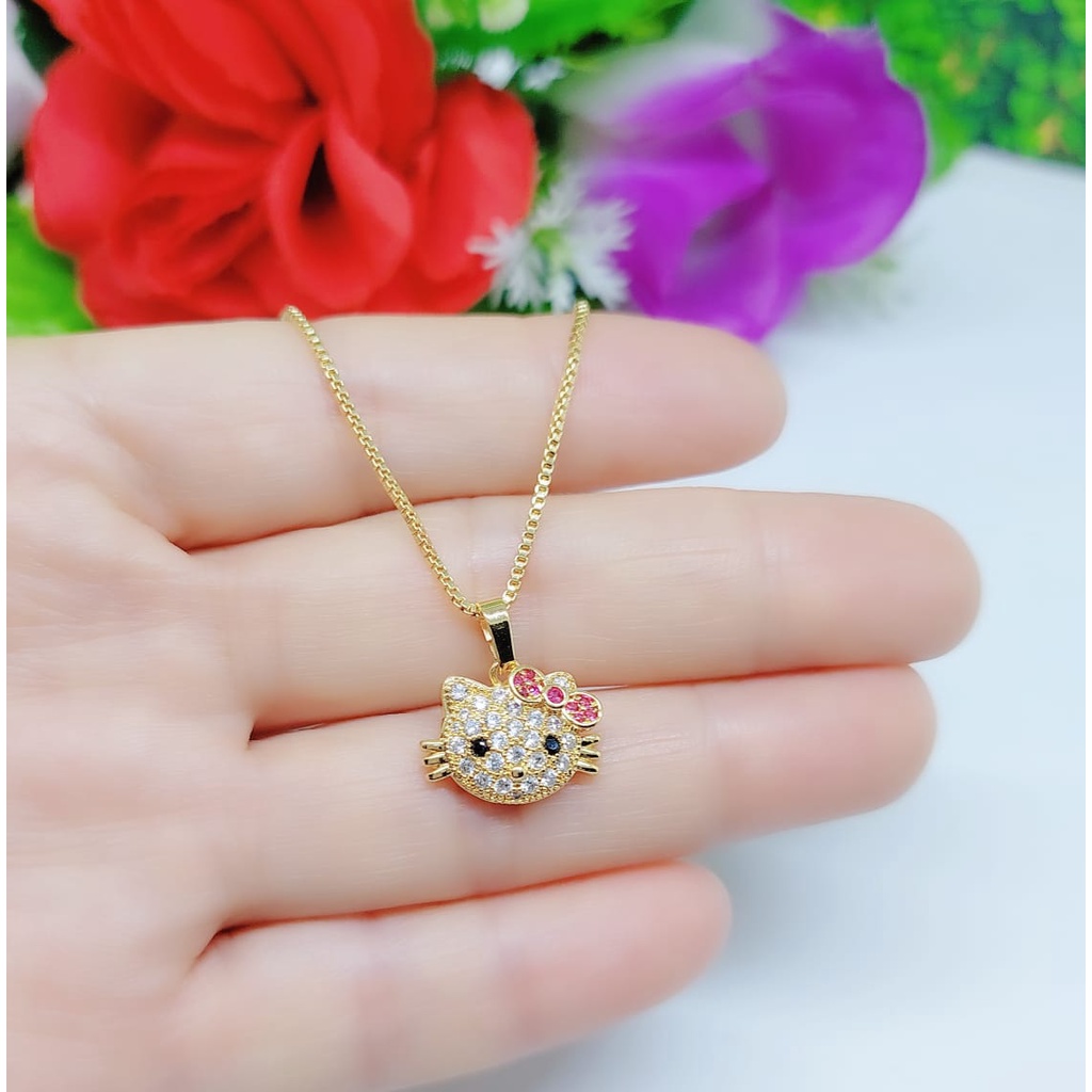 Xuping kalung dan anting Hello Kitty permata lapis emas 0255,0256