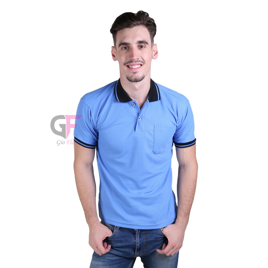 GIOFLO Kaos Casual Polo Kerah Pria Biru Langit Tua Kerah Hitam / PLS 15