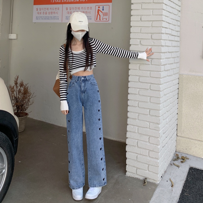 korea style Boyfriend Jeans highwaist loose celana kaki lebar lurus heart embroidery jeans wanita celana jeans