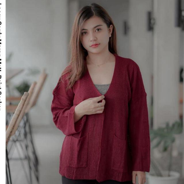 PREMIUM LOOCY POCKET CARDIE / KARDIGAN RAJUT SAKU POLOS locy Oversized cardy-Maroon