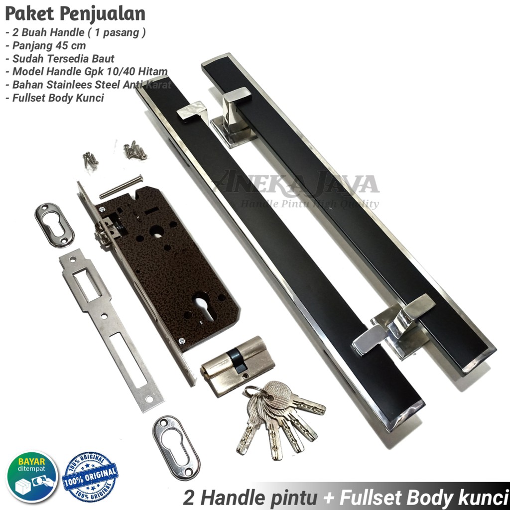 PROMO !!! 2 Handle pintu rumah set kunci panjang 45 cm warna hitam / Gagang Tarikan Pintu rumah