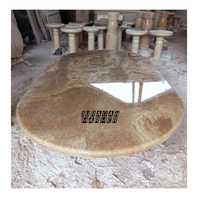 Top Table || Daun Meja Model Oval Batu Onix Coklat Motif Glosy Mengkilat Ukuran 90x160Cm