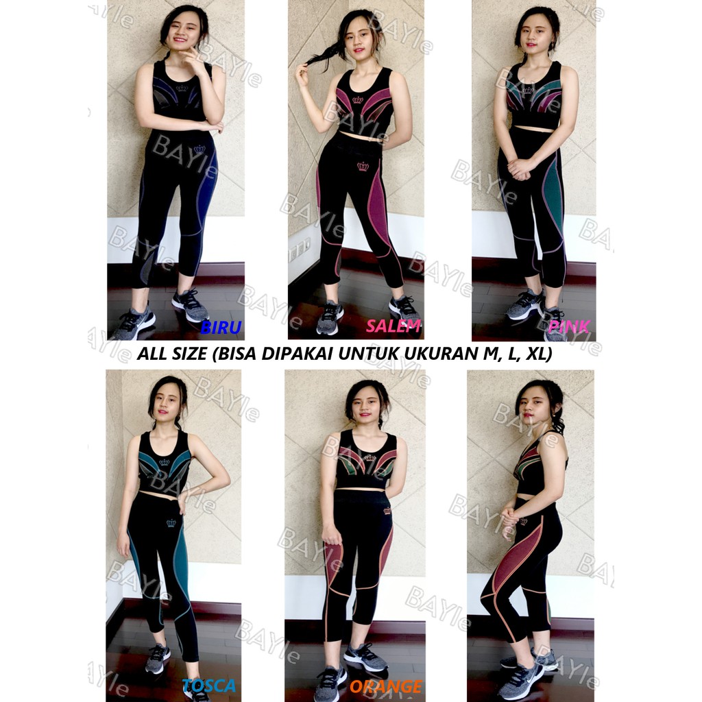 3119 Setelan Baju Singlet+Celana Legging 7/8 Senam/Sport/Zumba/Aerobic/Yoya/Gym Wanita FEMA