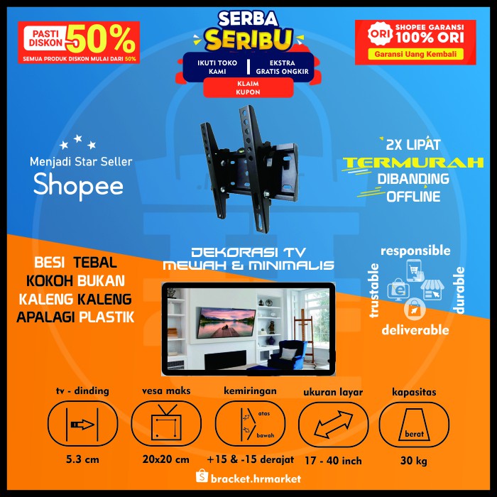 Bracket TV 43 40 32 29 24 21 17 Inch 14 - 43 In LED LCD Universal Semua TV Bisa Nunduk Dangak Breket TV Briket TV Braket TV Bracket TV Gantungan Tembok Tempelan Dinding HR1 Fasa