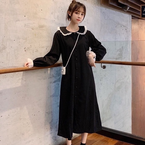 MOOGU ♡ Maxi dress gaun panjang lengan panjang gaya korea wanita