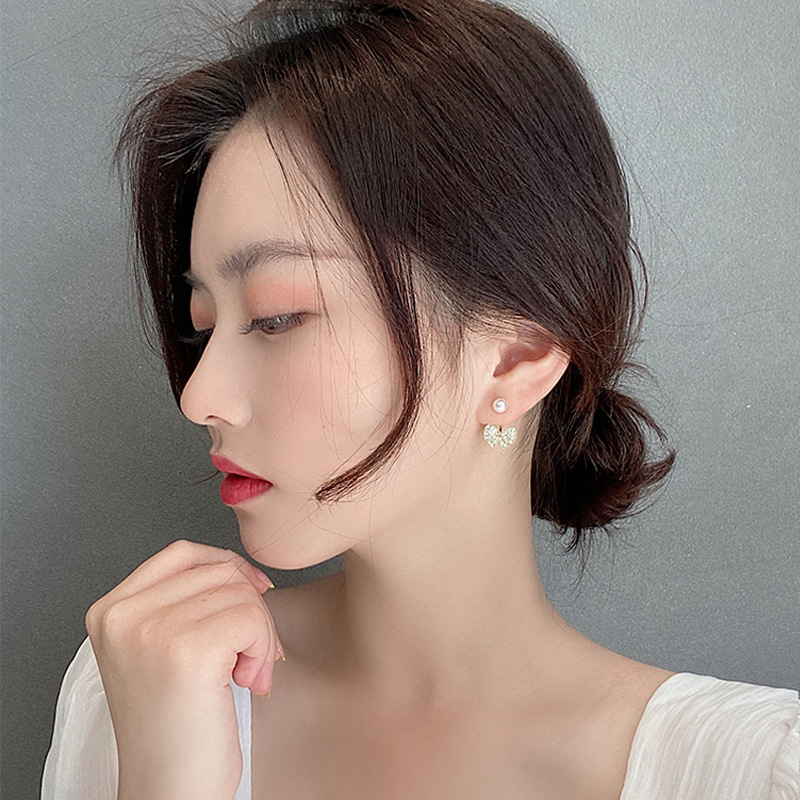 Anting Tusuk Sterling Silver 925 Desain Pita Hias Mutiaraberlian Imitasi Gaya Koreasimple Untuk Wanita