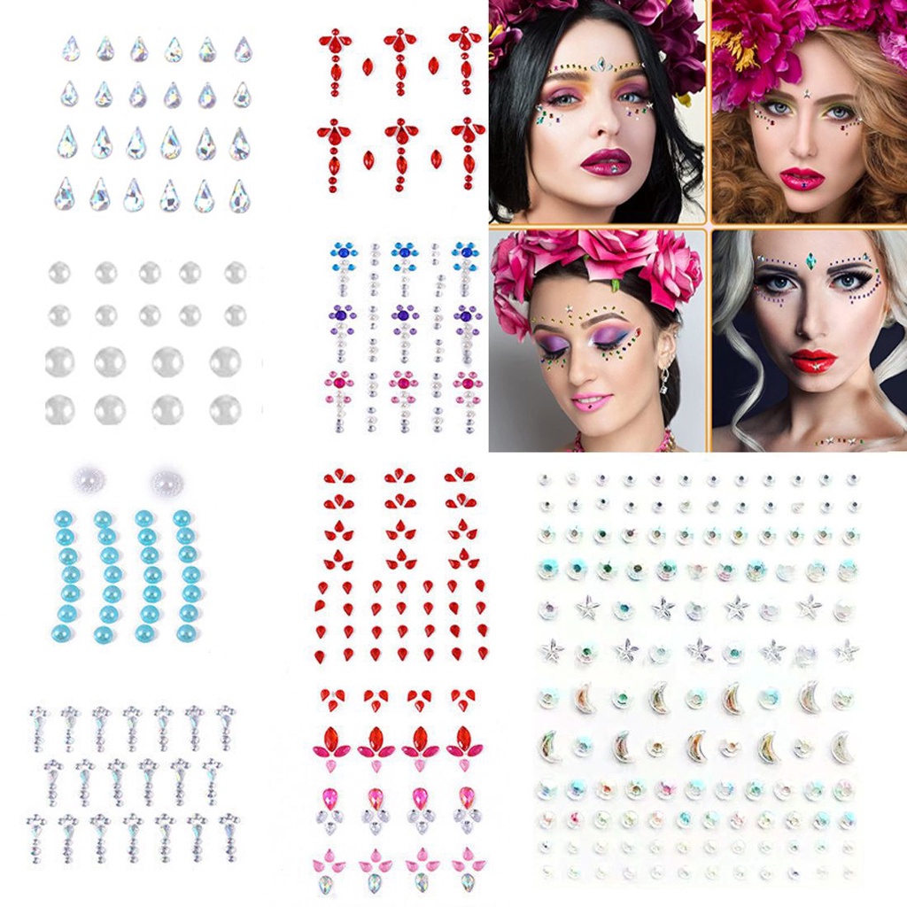 ELEGANT Colorful Face Gel Decal Glitter DIY Nail Art Decorations Rhinestone Stickers Eyes Self-Adhesive Fashion Pearls Beads Crystal Diamond Body Art Jewels Stickers