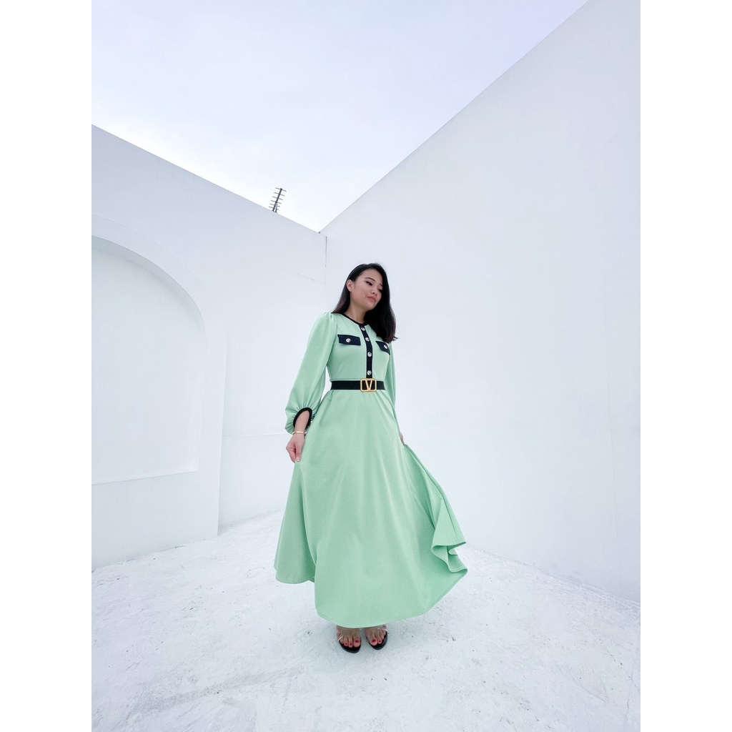 684# Dress Maxi fashion scuba / Gamis scuba garis / Dress muslim +FREE BELT V