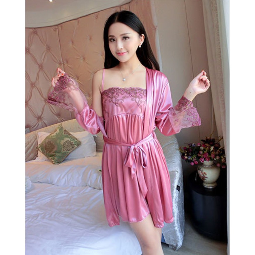 Baju Tidur Satin BORDIR #603 Set 2in1 Kimono  Pakaian Wanita Women Silk Korea Fashion Piyama Pyjama