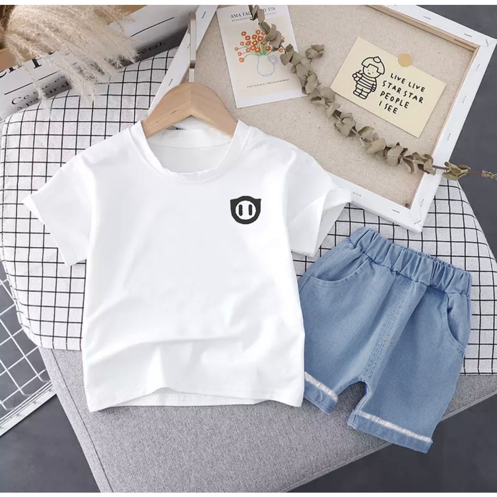 SETELAN ANAK KAOS BAHAN KATUN CELANA PENDEK DENIM UMUR 1-5 TAHUN SETELAN BC BAJU ATASAN ANAK LAKI LAKI PERMPUAN TERBARU OUTFIT ANAK MASA KINI BAJU KASUAL ANAK TERMURAH