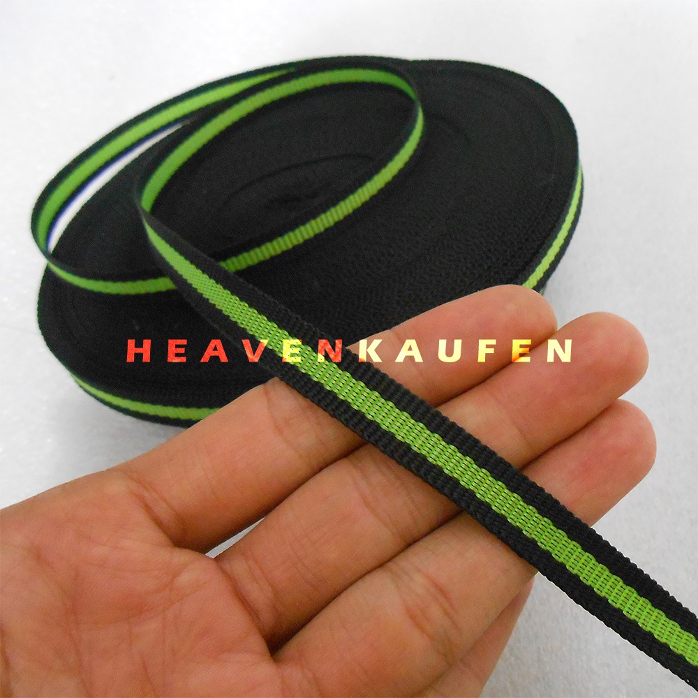 Tali Webbing Lanyard 1 cm Warna Hitam Strip Hijau Pupus Meteran