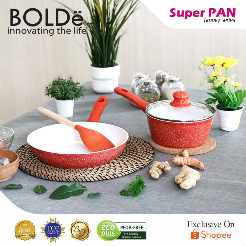 BOLDe Panci dengan Tutup Kaca + Wajan + spatula nilon / Super Pan with Glass Lid + Wok + Nylon Spatula 18 cm + 26 cm