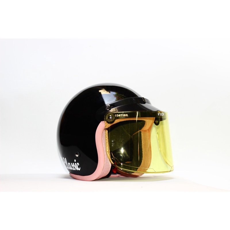 (BISA BAYAR DI TEMPAT)Helm bogo retro pria dan wanita hijab classic original sni trendy list pink hitam glossy list pink kaca datar (BISA COD)-HG list pink  kdkuni