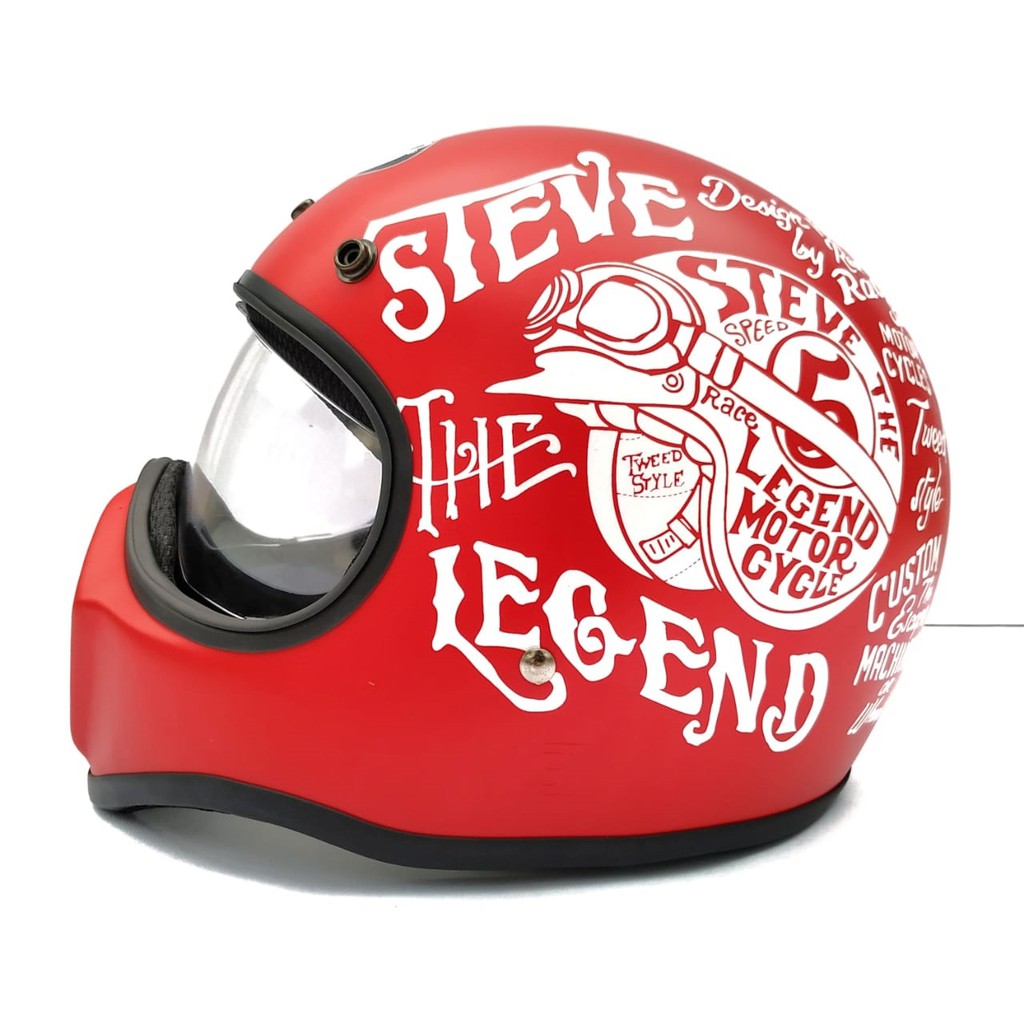 Helm Cakil HBC Steve Red Font White + Inner Visor ( Fullface / Retro / Klasik / Vespa )