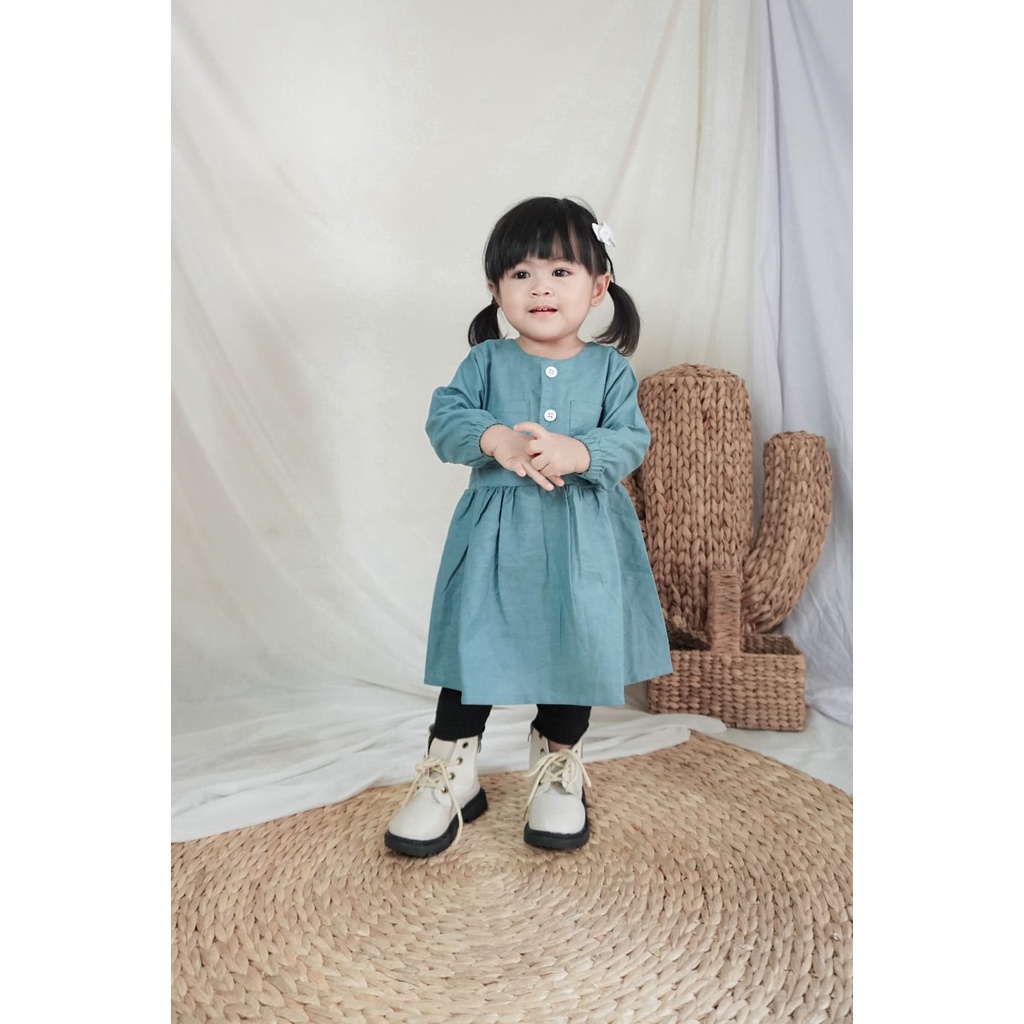 (Capung Kidswear) Dres Anak Polos Katun Rami Tangan Panjang Kimiko (1-6 tahun)