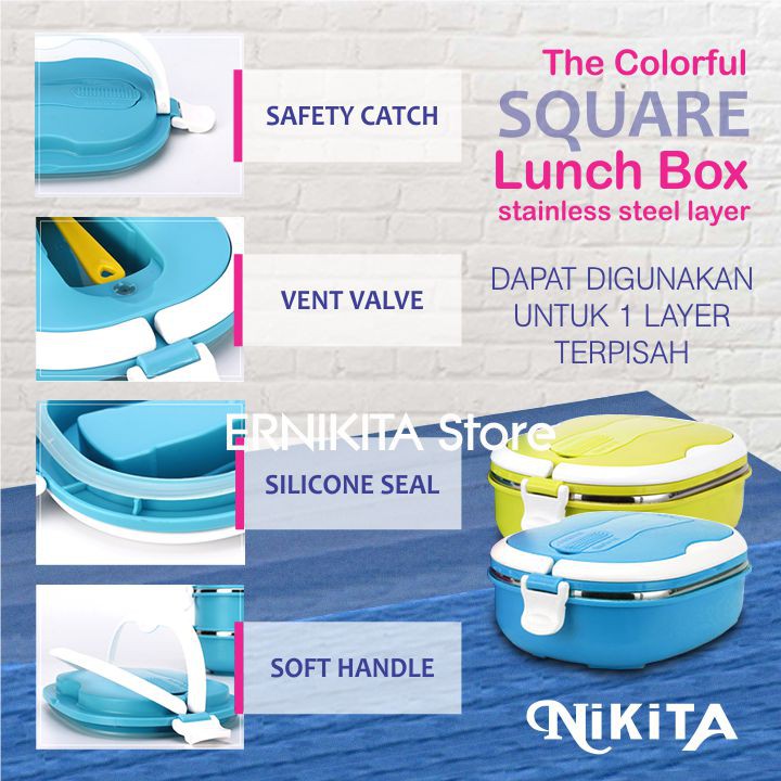 NIKITA LUNCH BOX RANTANG STAINLESS KOTAK 2 SUSUN - Silikon Kedap Udara Sendok